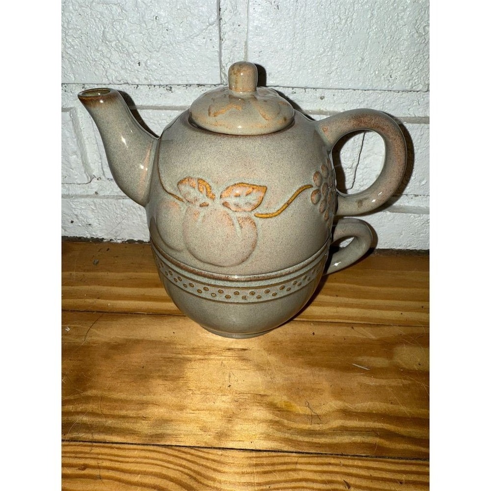Vintage Stoneware Teapot & Cup Set for one Embossed fruit and vine Design